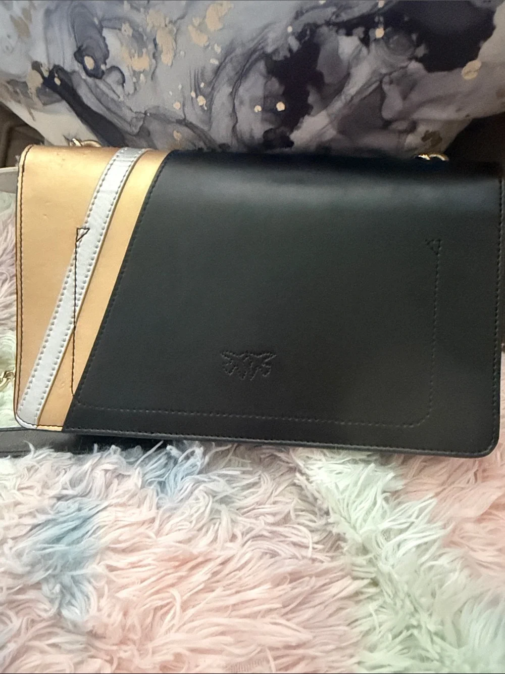 Authentic PINKO Love Birds Chevron Leather Crossbody Bag Black Gold